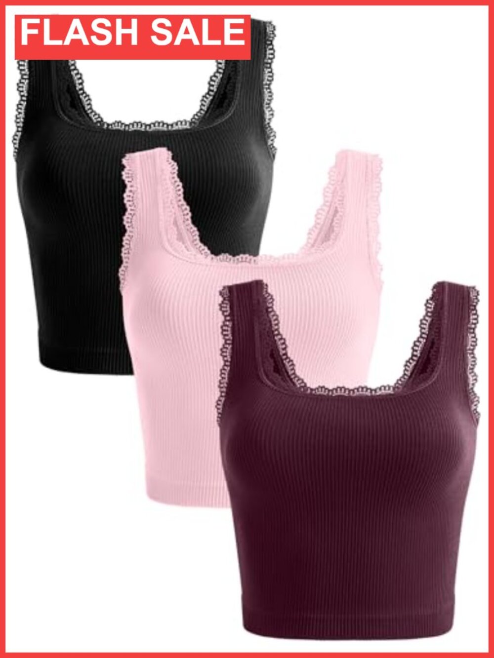 3 Pack Women's Crop Tank Tops Square Neck Lace Trim Ribbed Cami